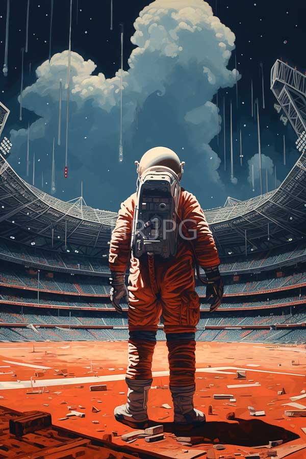High Resolution: Astronaut in an orange space suit with a helmet stands on a red planetary surface facing away from the viewer with a stadium-like structure in the background download. | HRJPG.com