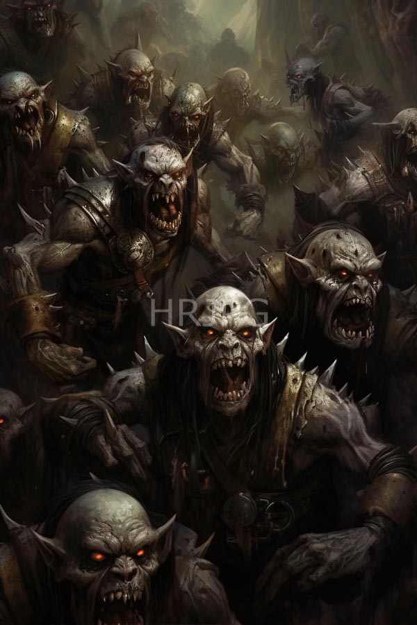 High Resolution: Dark fantasy artwork depicts an intense crowd of grotesque orcs with pale greenish-gray skin sharp features glowing red eyes and tattered leather clothing download. | HRJPG.com