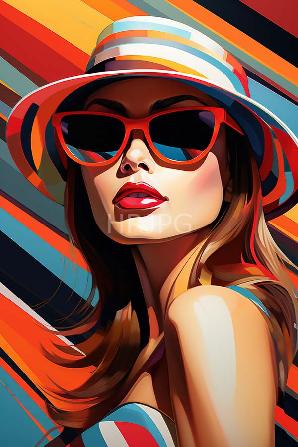 High Resolution: Attractive woman with fair skin wears red sunglasses and a matching wide-brimmed hat adorned in colorful stripes with glossy brown flowing hair download. | HRJPG.com