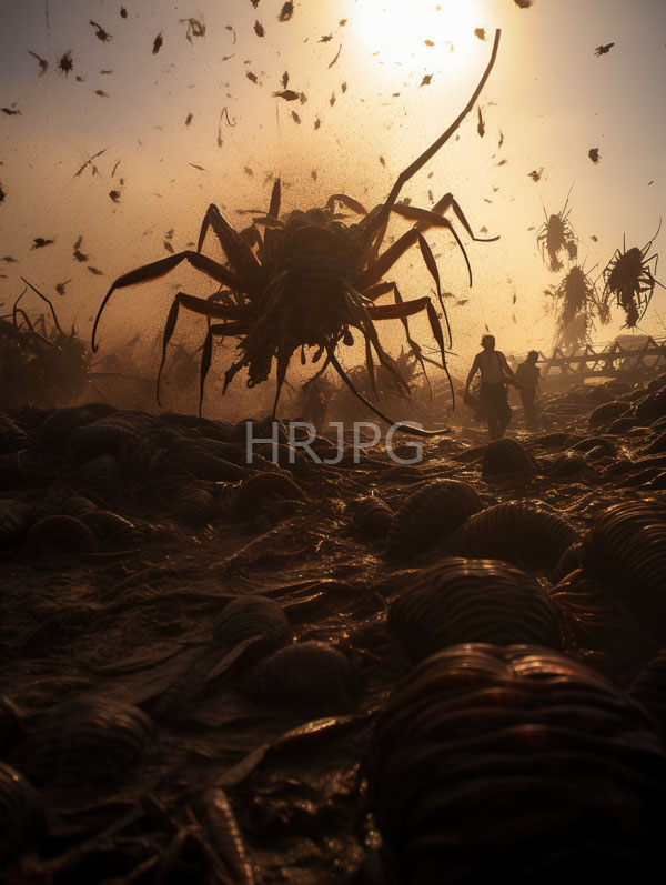 High Resolution: Intense sunlit battlefield with large arachnid creatures and humans amidst chaotic debris with silhouetted figures battling monstrous spiders download. | HRJPG.com