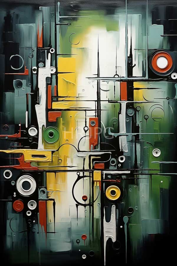 High Resolution: Abstract digital painting features an intricate geometric composition with overlapping shapes and lines in black green yellow red white gray tones and circular patterns download. | HRJPG.com