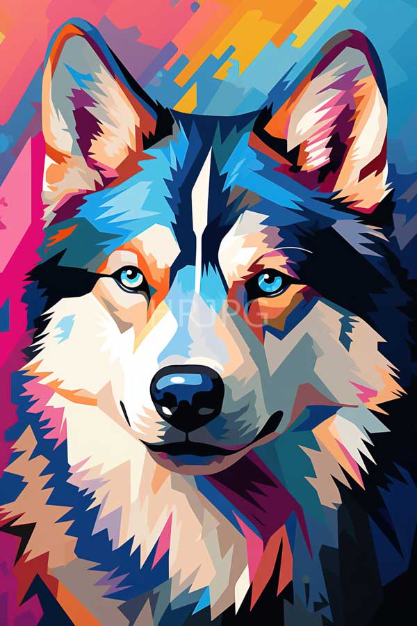 High Resolution: Anthropomorphic wolf with vibrant geometric patterns in blue pink orange and white hues on its fur against a colorful abstract background of paint strokes download. | HRJPG.com