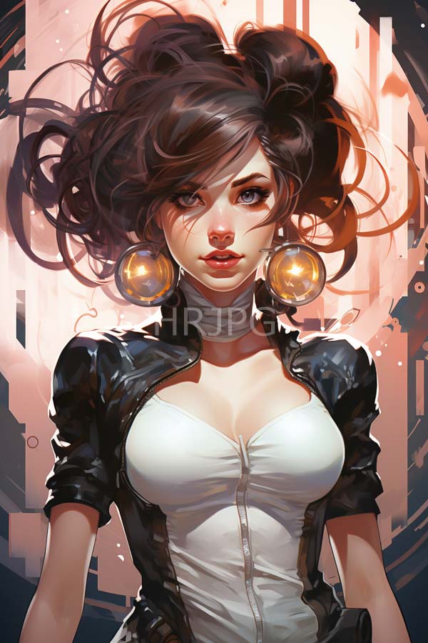High Resolution: Attractive young woman with voluminous dark brown hair and large golden earrings against a neon-lit background wears a tight white button-up top download. | HRJPG.com