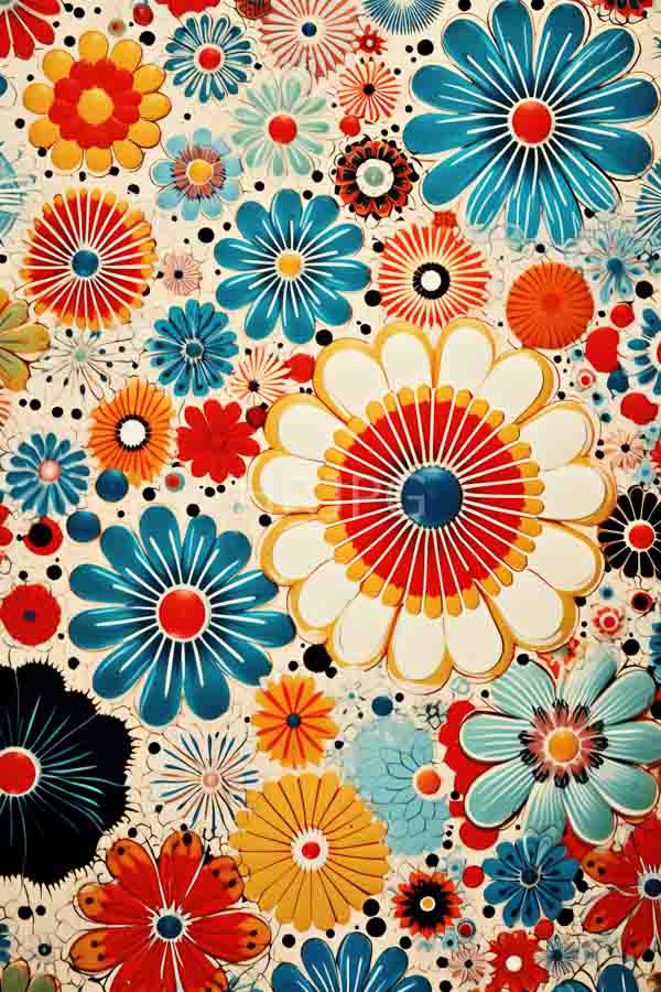 High Resolution: Intricate colorful illustration features various large and small flowers in vibrant hues of red blue orange yellow black white against a beige background with scattered tiny dots download. | HRJPG.com