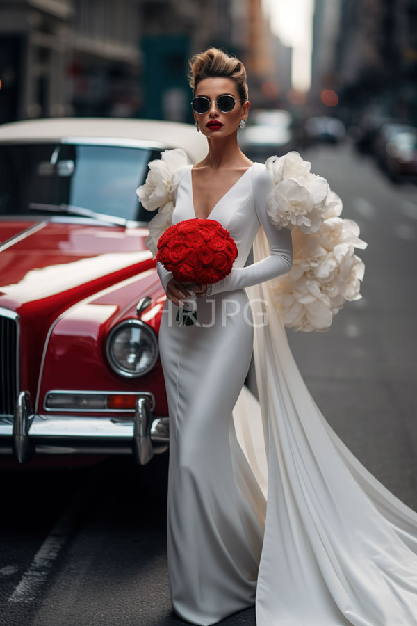 High Resolution: Elegant woman with fair skin and blonde hair wears round sunglasses and a white long-sleeve gown adorned with large floral shoulder details beside a vintage car download. | HRJPG.com