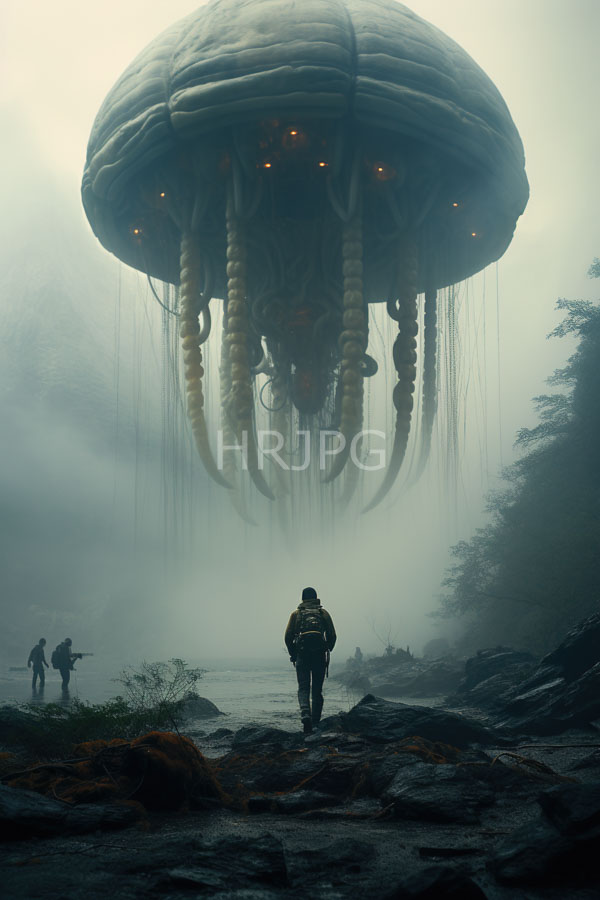 High Resolution: Eerie foggy forest scene with dark green and gray tones and a massive jellyfish-like creature hovering above with a textured dome-shaped blue-gray body and dangling tentacles download. | HRJPG.com