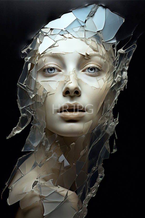 High Resolution: Photorealistic ethereal pale-skinned woman with blue eyes and a neutral expression her face partially obscured by shattered glass fragments forming intricate patterns download. | HRJPG.com