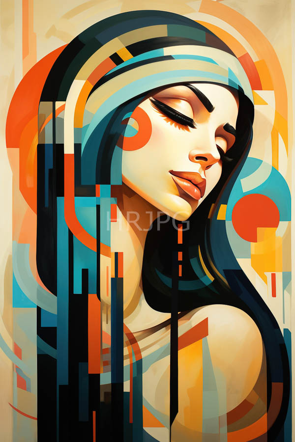 High Resolution: Elegant woman with closed eyes long black hair adorned in geometric patterns and colors with smooth skin and full red-orange lips exudes a serene confident expression download. | HRJPG.com