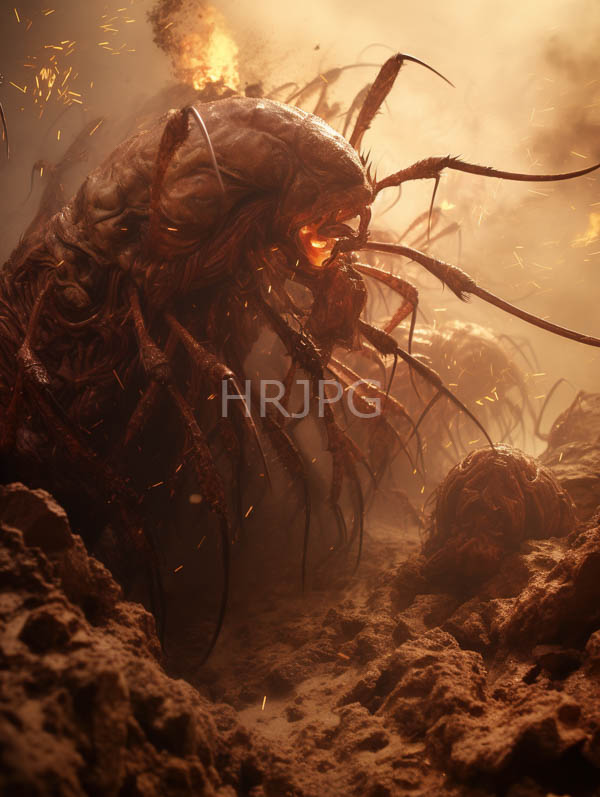 High Resolution: Eerie monstrous creature with insect-like features and long black limbs in a dusty rocky environment under warm orange light from distant flames download. | HRJPG.com
