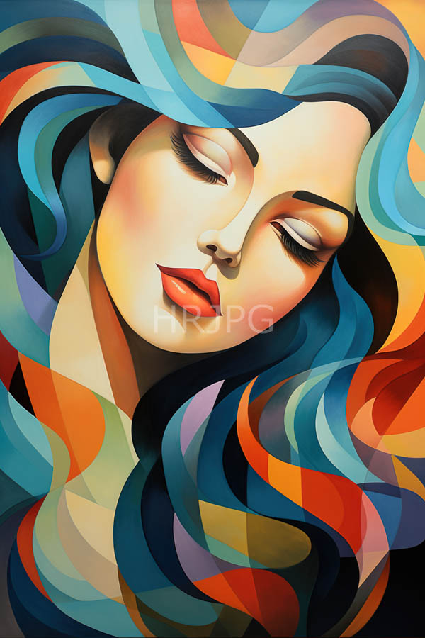 High Resolution: Ethereal woman with closed eyes red lips and flowing multicolored hair in vibrant shades of blue orange green yellow purple against a black background download. | HRJPG.com