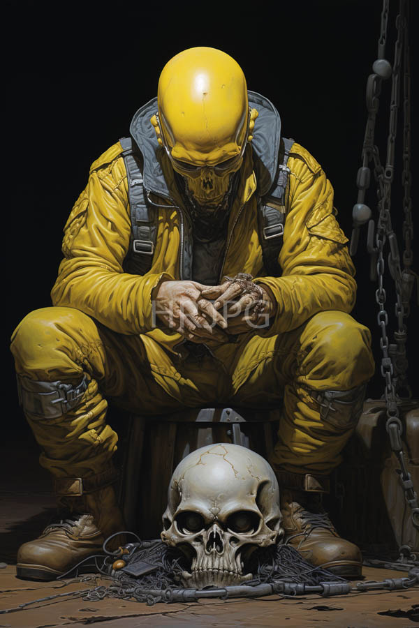 High Resolution: Anonymous muscular male worker in a yellow hard hat and jumpsuit crouching over a skull on dark ground repairing or examining his hands with hanging chains nearby download. | HRJPG.com
