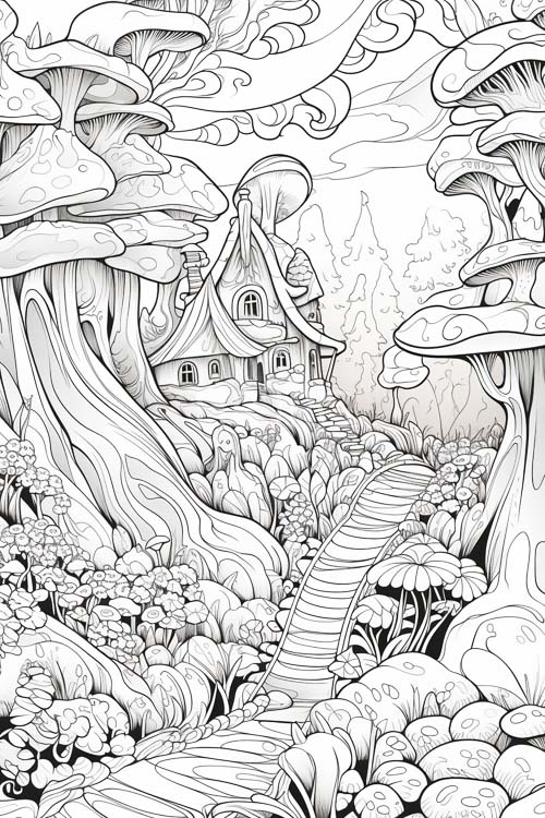 High Resolution: Black and white drawing of an enchanted forest featuring large whimsical mushrooms with curled caps surrounding a quaint fairy-tale cottage at its center download. | HRJPG.com