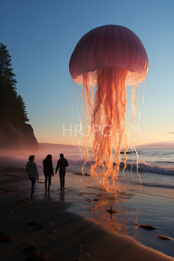 High Resolution: Three people walking on an empty beach at sunrise with their reflections in wet sand below them gazing up at an enormous pink jellyfish floating above ocean waves download. | HRJPG.com