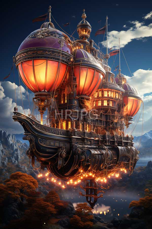 High Resolution: Highly detailed steampunk airship with glowing red lanterns and intricate golden trimmings floating above rugged mountains under twilight skies and autumnal trees download. | HRJPG.com