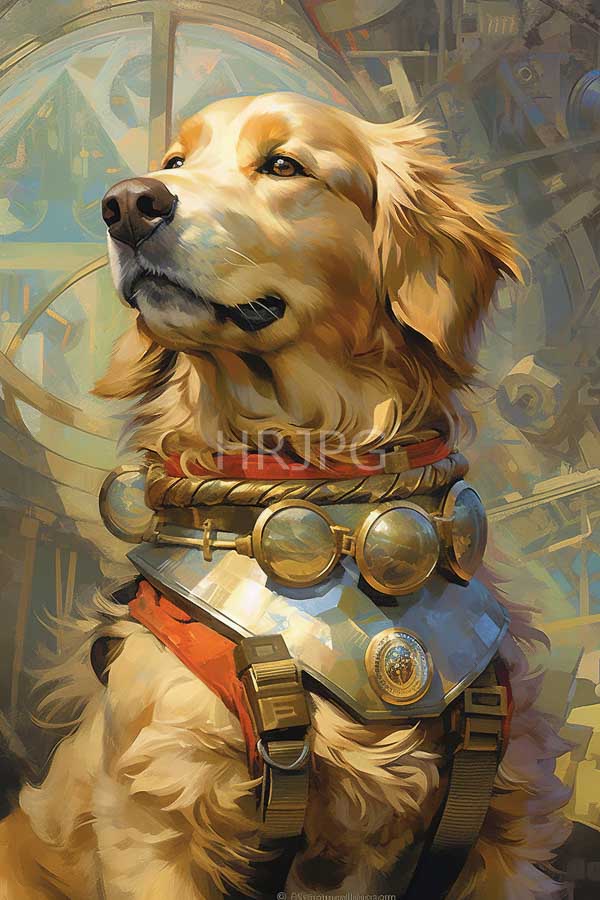 High Resolution: Anthropomorphic golden retriever with flowing fur wears steampunk-style armor featuring brass goggles and metallic plates with a visible red collar download. | HRJPG.com