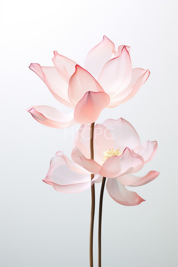 High Resolution: Three delicate pink lotus flowers with soft translucent petals and subtle red edges on slender brown stems against an ethereal white background download. | HRJPG.com