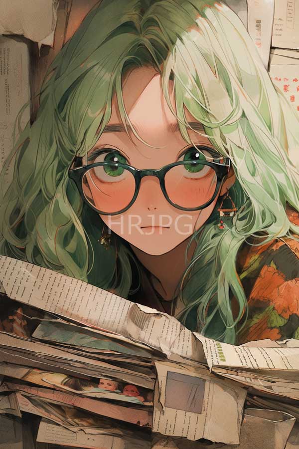 High Resolution: Anime-style drawing of an attractive young woman with wavy green hair and large glasses looking intently at her viewer over stacked newspapers in dim lighting download. | HRJPG.com