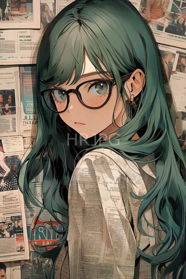 High Resolution: Anime-style drawing of an attractive young woman with long teal hair and glasses looking over her shoulder at the viewer against a background covered in newspaper clippings download. | HRJPG.com