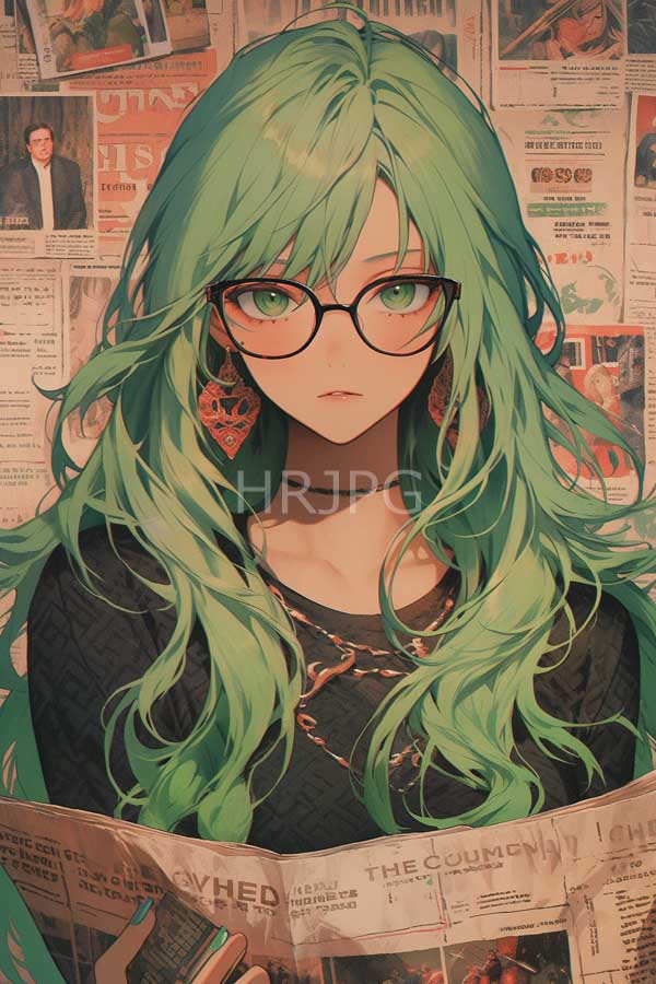 High Resolution: Anime-style drawing of an attractive young woman with long wavy green hair and glasses holding newspaper clippings against her chest in front of a background filled with various newspapers download. | HRJPG.com