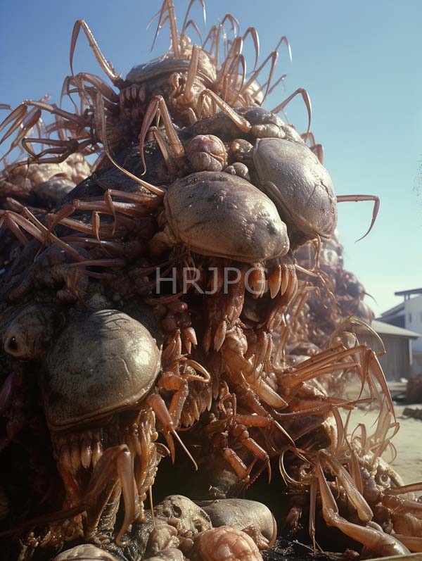 High Resolution: Enormous grotesque pileup of decaying crustaceans with brownish shells and numerous spiny legs under bright sunlight on an urban rooftop setting download. | HRJPG.com