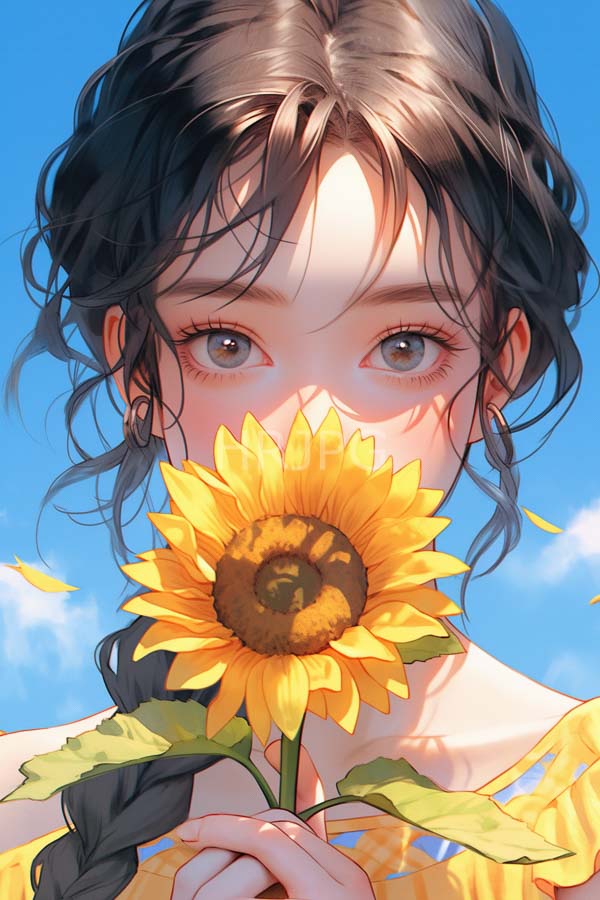High Resolution: Anime-style drawing of an attractive young woman with wavy black hair holding up vibrant yellow sunflowers in front of her face against a clear blue sky background download. | HRJPG.com