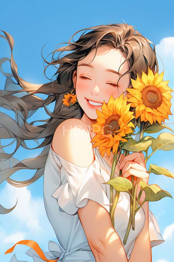 High Resolution: Anime-style drawing of an Asian woman with long wavy brown hair smiling joyfully against a bright blue sky holding three vibrant sunflowers download. | HRJPG.com