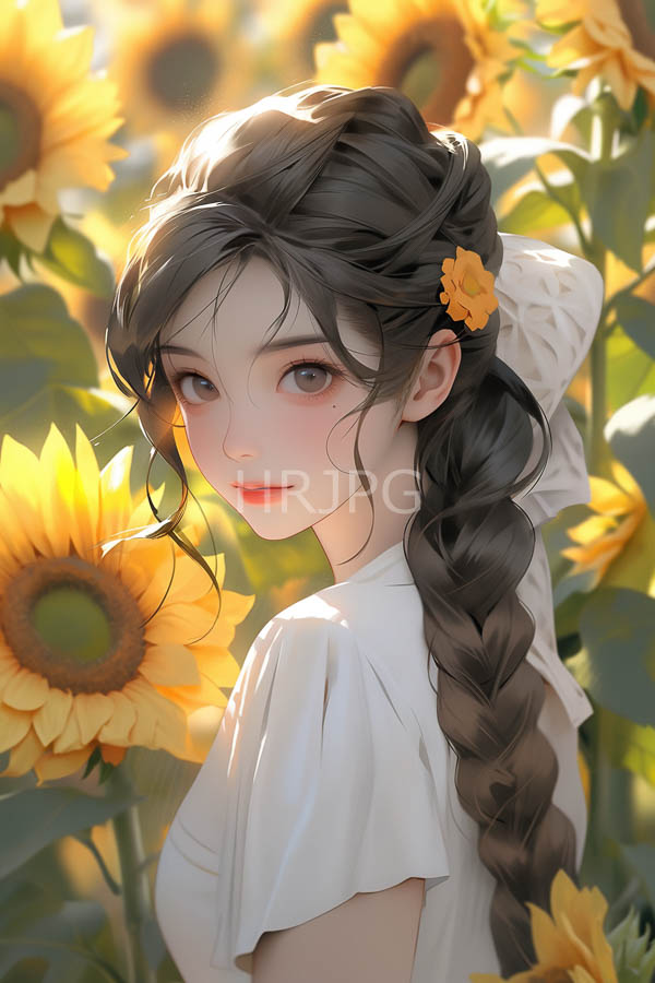 High Resolution: Anime-style young woman with fair skin large brown eyes and pink lips in soft sunlight among sunflowers with long black hair braided and adorned by yellow flowers download. | HRJPG.com