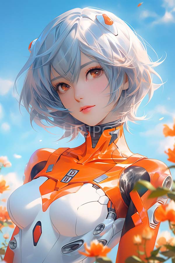 High Resolution: Anime-style illustration of an attractive young woman with short silver hair wears an orange-and-white futuristic bodysuit that accentuates her medium-sized breasts standing in front of vibrant flowers download. | HRJPG.com