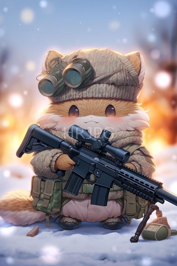 High Resolution: Adorable chubby chibi-style cat with orange fur and large eyes standing in snow holds a black assault rifle adorned with green camouflage gear and goggles download. | HRJPG.com