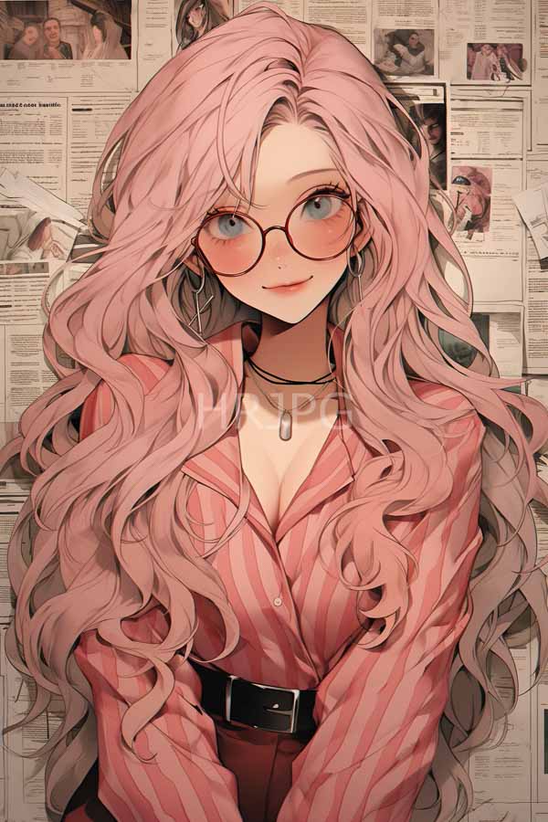 High Resolution: Anime-style drawing of an attractive young woman with long wavy pink hair and large blue eyes wearing round glasses and a red-striped blouse download. | HRJPG.com