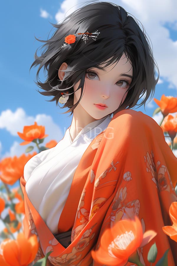 High Resolution: Anime-style drawing of an attractive young woman with short black hair wears a white and orange floral kimono in front of vibrant red poppies under a clear blue sky download. | HRJPG.com