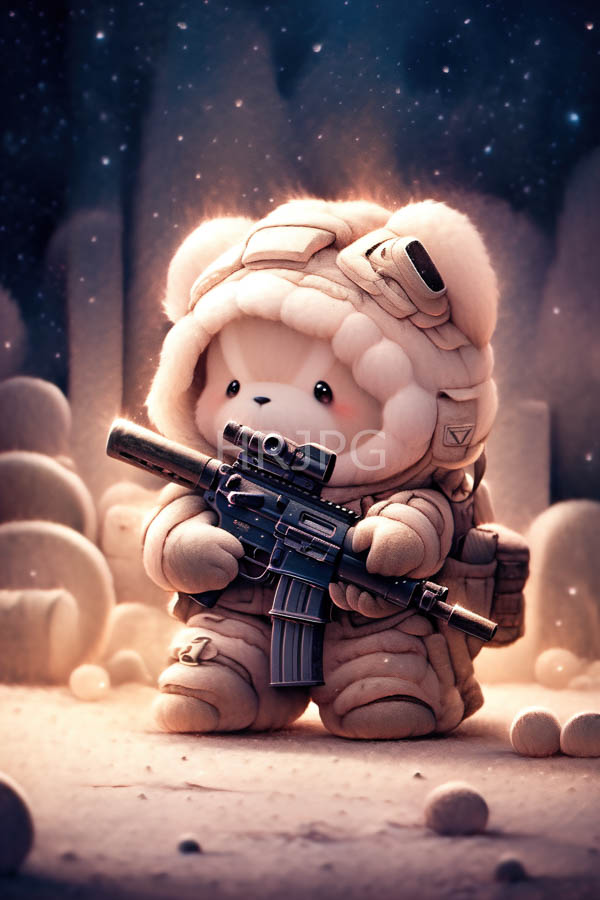 High Resolution: Adorable chubby bear cub in beige military gear holds a black assault rifle under soft moonlight and a starry sky with sandbags on sandy ground download. | HRJPG.com