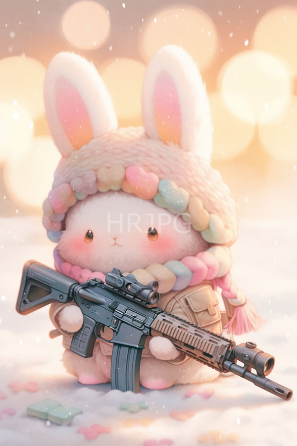 High Resolution: Adorable chubby white bunny wears a pastel-colored knit hat and scarf holding a black assault rifle in a snowy landscape with soft bokeh lights download. | HRJPG.com