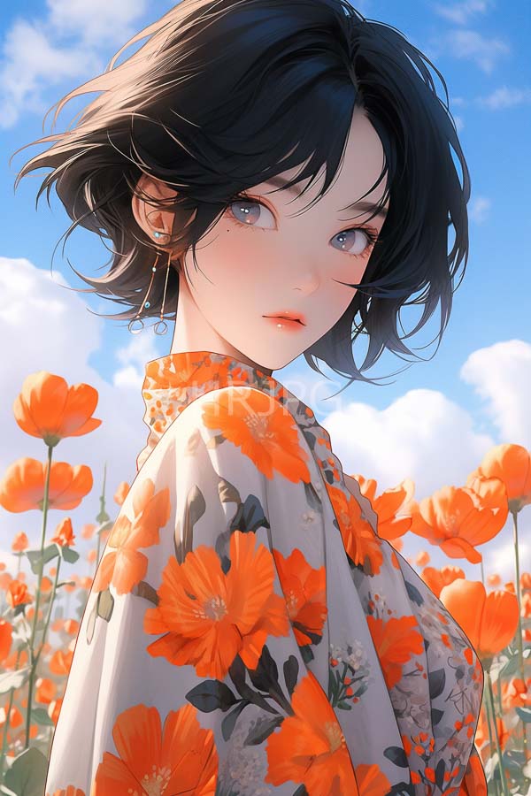 High Resolution: Anime-style drawing of an attractive young woman with short wavy black hair and blue eyes wears a floral-patterned orange kimono in front of vibrant red poppy flowers download. | HRJPG.com