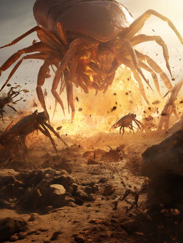High Resolution: Intense battle scene in desert terrain at sunset features large orange-brown spider-like creatures attacking human soldiers armed with rifles amidst dust clouds and explosions download. | HRJPG.com
