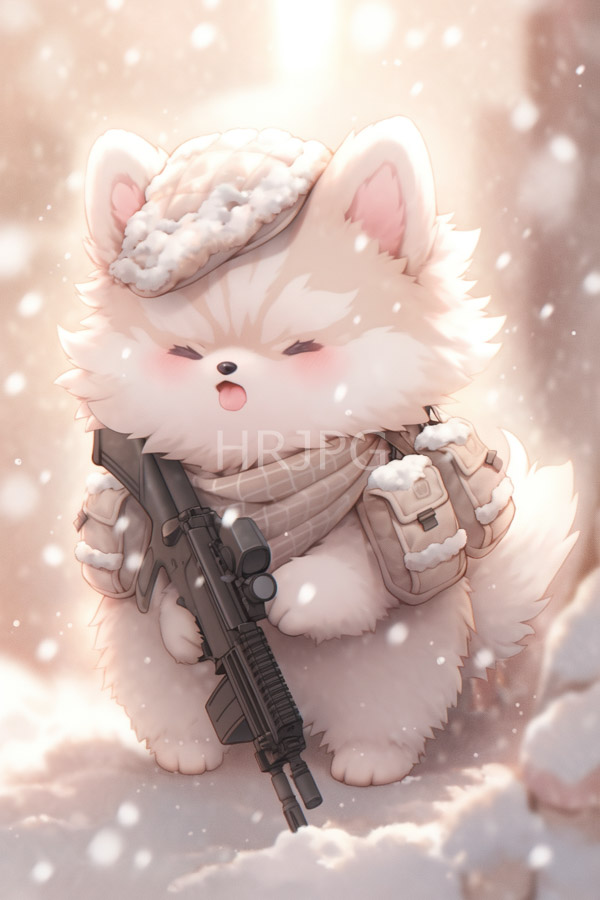 High Resolution: Adorable fluffy white puppy with closed eyes stands in snowfall while holding a black assault rifle under its paws wearing military-style gear and a beret download. | HRJPG.com