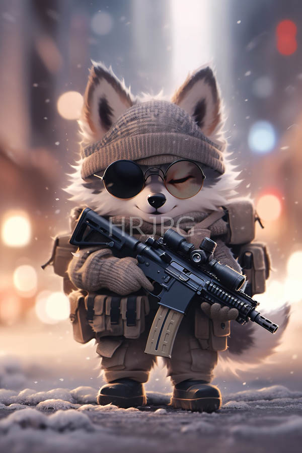 High Resolution: Anthropomorphic fluffy fox wears winter gear black sunglasses holding a modern assault rifle with both hands against blurred city lights on snowy streets download. | HRJPG.com