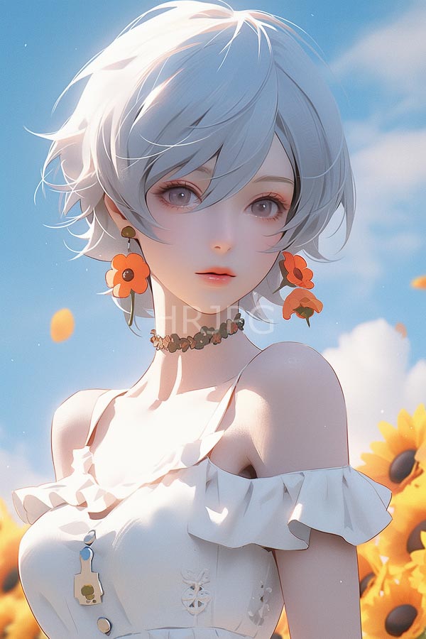 High Resolution: Anime-style illustration of an ethereal young woman with short white hair and pale skin stands in front of sunflowers under clear blue skies wears a large purple eye adorned with an orange flower earring download. | HRJPG.com