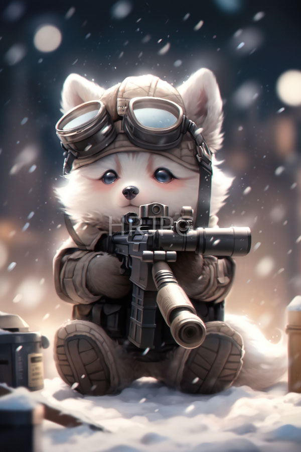 High Resolution: Adorable white-furred fox cub with large blue eyes wears aviator goggles and military gear in snowy terrain holding a detailed sniper rifle aimed forward download. | HRJPG.com