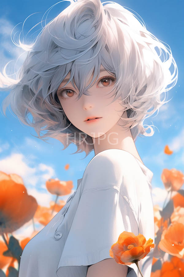 High Resolution: Anime-style drawing of an androgynous character with short wavy silver hair against a bright blue sky filled with orange poppies in bloom download. | HRJPG.com
