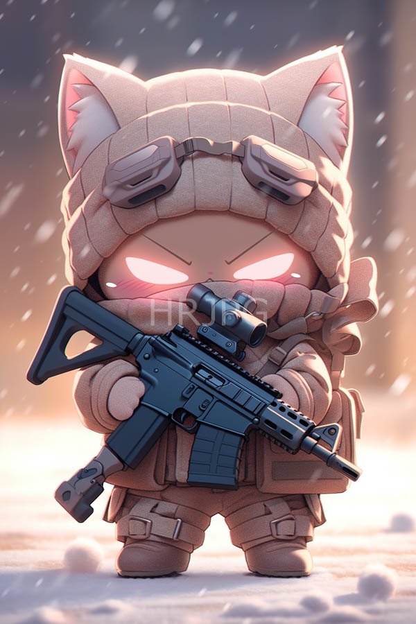 High Resolution: Anthropomorphic cat character in chibi style wears beige winter gear with ear flaps and goggles holds a black assault rifle equipped with a scope against a snowy background download. | HRJPG.com