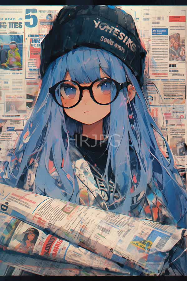 High Resolution: Anime-style drawing of an androgynous blue-haired girl with long hair wears black-rimmed glasses and a beanie holding newspapers against a colorful newspaper background download. | HRJPG.com