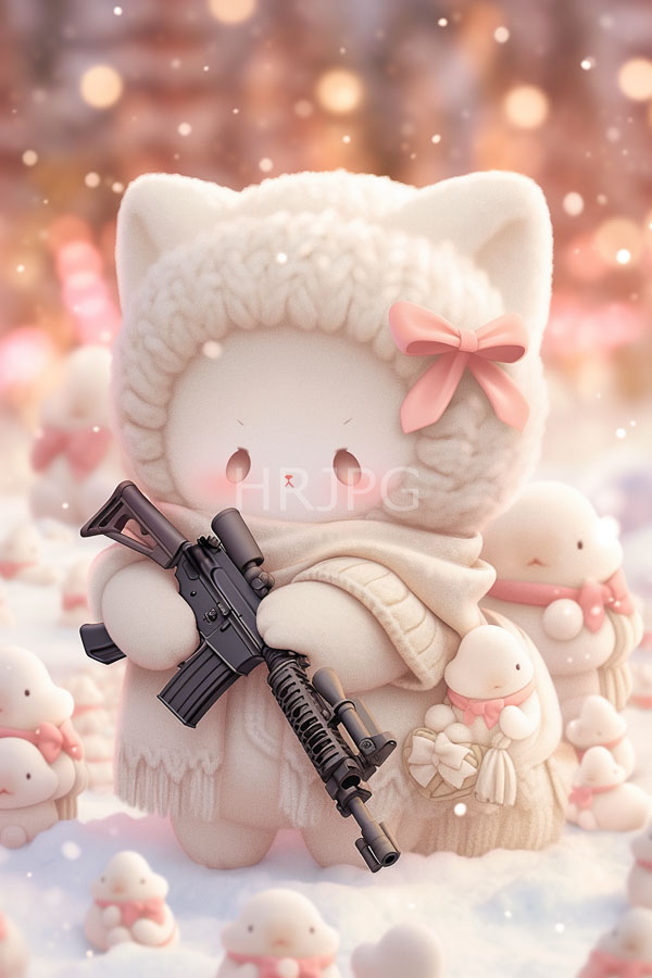 High Resolution: Adorable white cat-like plush toy with rosy cheeks wears a fluffy knit hat and beige scarf holding a detailed assault rifle in both hands against a snowy background download. | HRJPG.com