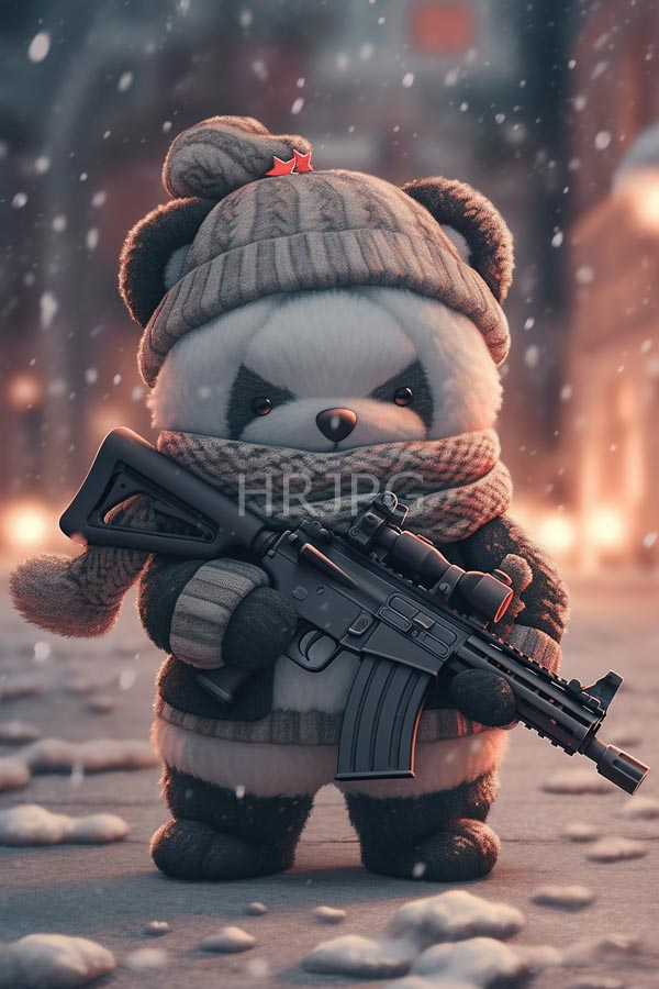 High Resolution: Anthropomorphic chubby panda bear stands in a snowy urban street at night holding a black assault rifle wearing a thick gray knit hat and scarf download. | HRJPG.com