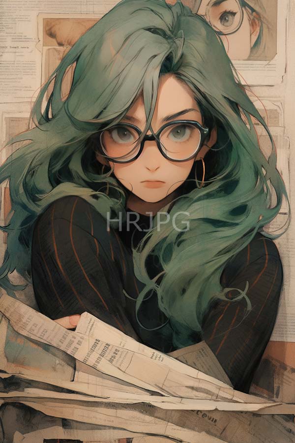 High Resolution: Anime-style young woman with long wavy teal hair and large black-rimmed glasses wears a dark ribbed sweater holding newspaper pages around herself against a background filled with newspapers download. | HRJPG.com