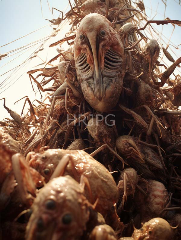 High Resolution: Eerie grotesque creature resembling a humanoid bird nest with withered and decaying skin and hollow eyes surrounded by dark slits for nostrils and a mouth download. | HRJPG.com