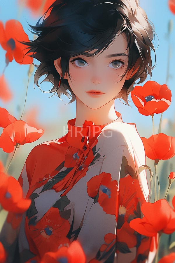 High Resolution: Anime-style drawing of an androgynous young person with short wavy black hair and large blue eyes stands in front of vibrant red poppies under clear skies download. | HRJPG.com