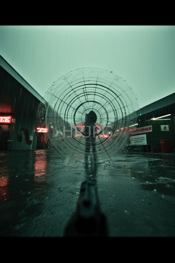 High Resolution: Urban rainy night scene with neon lights reflecting on wet pavement a silhouetted figure stands facing a large circular spiderweb-like structure with a gun barrel pointing forward download. | HRJPG.com