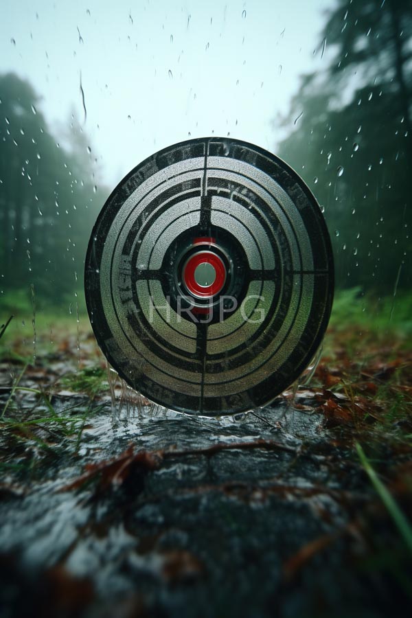 High Resolution: Outdoor archery target wet and rain-streaked with concentric black rings around a red center on a grayish surface against a blurred green forest background download. | HRJPG.com