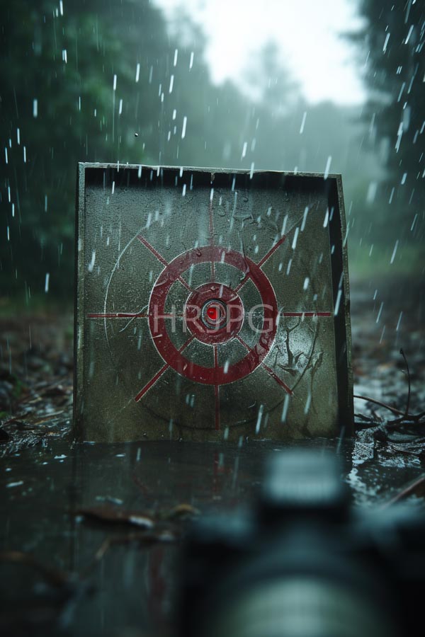 High Resolution: Outdoor target in rain featuring concentric red and white circles on weathered wood with visible cracks against blurred green trees in a misty sky download. | HRJPG.com